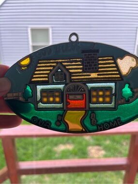 Faux Stained Glass 'God Bless Our Home' House Suncatcher - Green, Yellow, Red